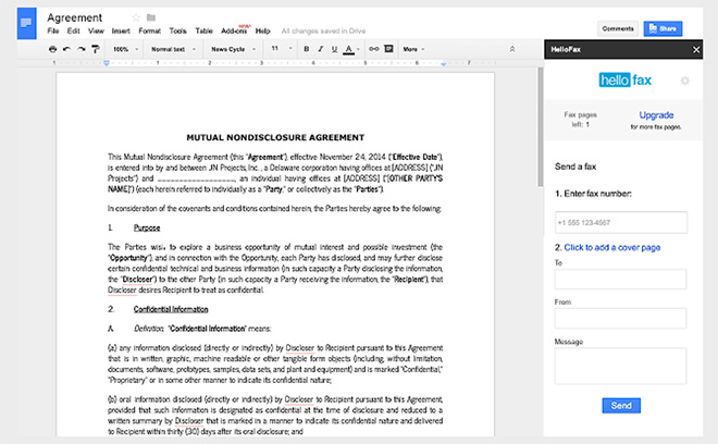 Google Drive add-on for fax